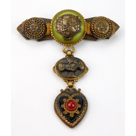 VTG Handcrafted Brooch Pin Artisan Assemblage Glass Bronze Handshake Globe Amour - Picture 1 of 5